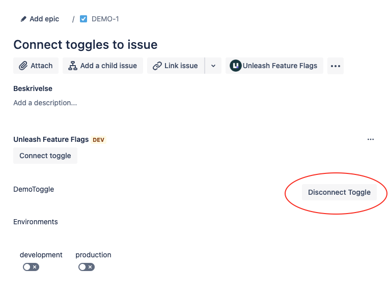 Jira Cloud: issue with a connected flag. The &#39;disconnect flag&#39; button (highlighted) is displayed next to the flag&#39;s name.